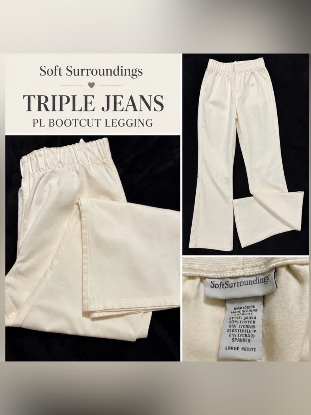 Soft Surroundings Triple Jeans PL Bootcut Legging cream NWT Size Large Petite